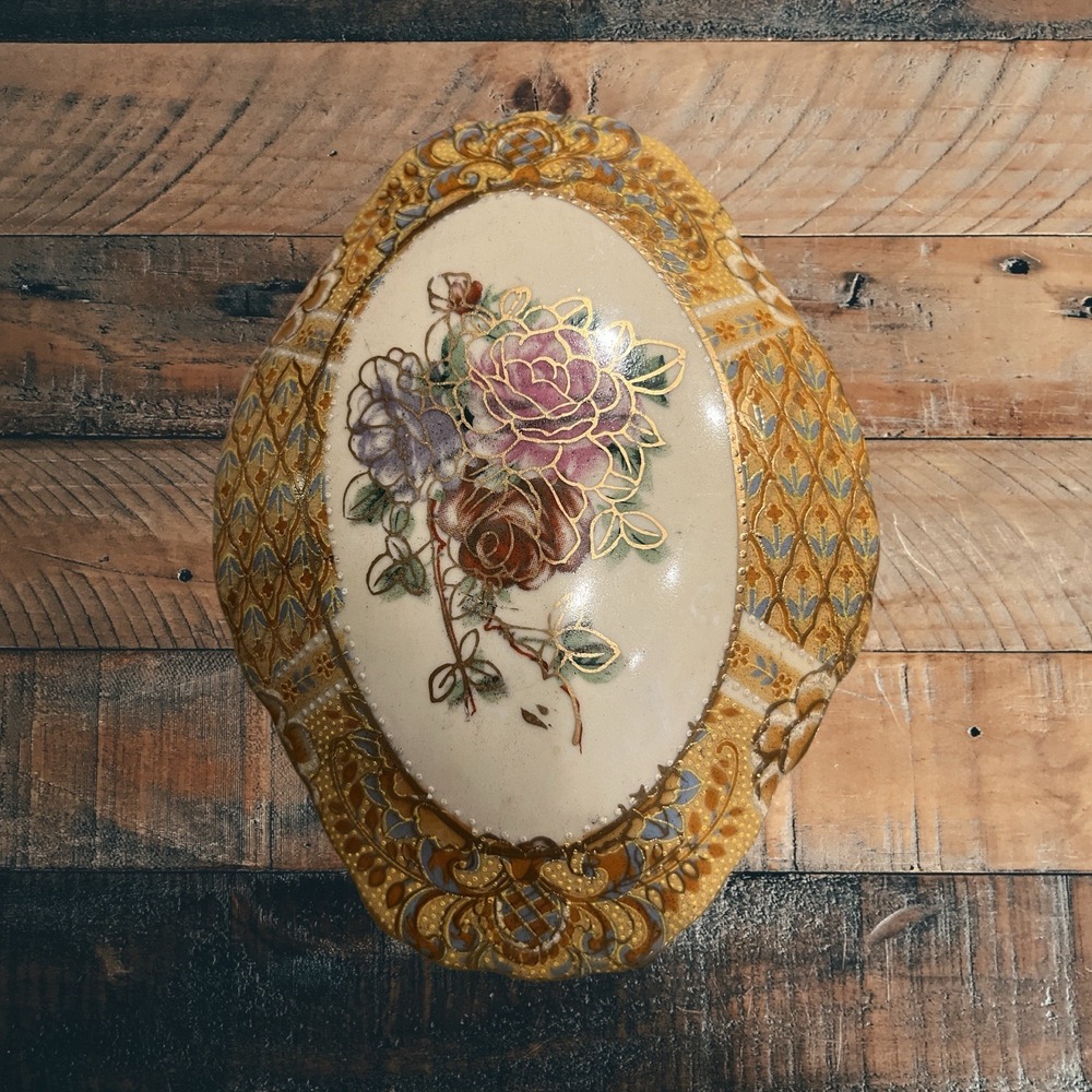 Vintage Hand Painted Oval‎ Amber/Floral Trinket Jewelry Box